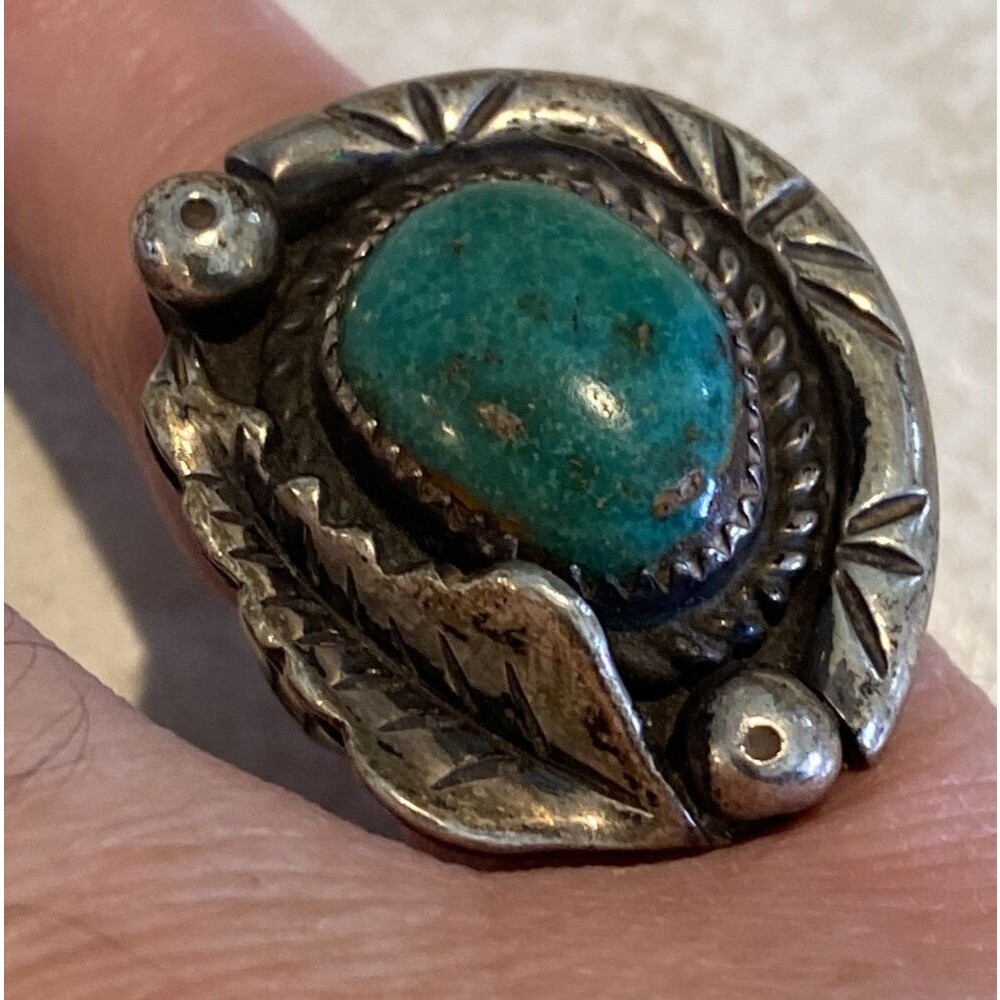 Vintage Navajo Signed Turquoise Sterling Silver Feather Ring Size 5.5 - Picture 2 of 12